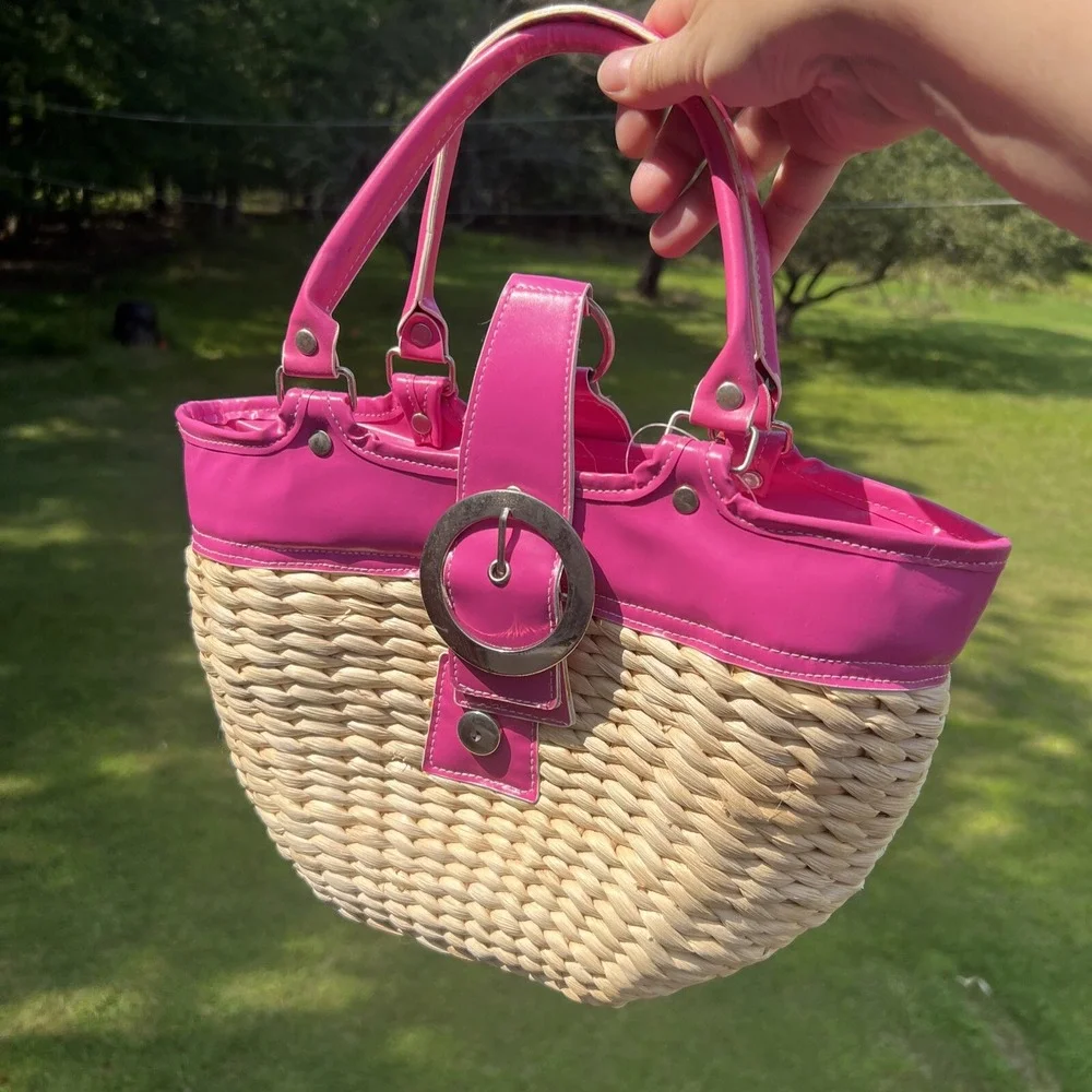 Pink Straw Satchel Bag Purse Tote Basket Bucket Retro Flower Lining Snap Flap